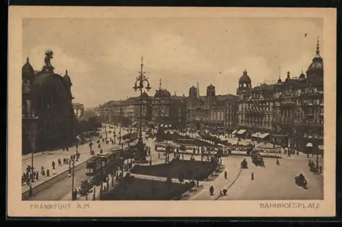 AK Frankfurt a. M., Bahnhofsplatz aus der Vogelschau, Strassenbahnen