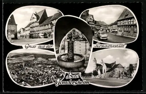 AK Bad Gandersheim, Ortsansicht aus der Vogelschau, Kirche, Brunnen, Strassenpartie mit Fachwerkhaus