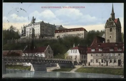 AK Gera, Elsterbrücke mit Blick auf Schloss Osterstein