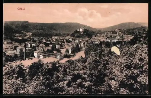AK Greiz, Blick über die Dächer des Ortes mit Burg
