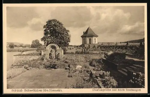 AK Schwöbber /Hameln, Schloss Schwöbber, Dianagrotte mit Blick zum Seetempel