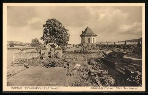 AK Schwöbber /Hameln, Schloss Schwöbber, Dianagrotte mit Blick zum Seetempel
