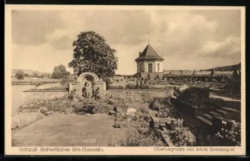 AK Schwöbber /Hameln, Schloss Schwöbber, Dianagrotte mit Blick zum Seetempel