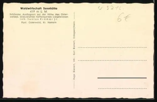 AK Osterwald /Hameln, Gasthof Waldwirtschaft Sennhütte, Inh. Justus Kramer jr.