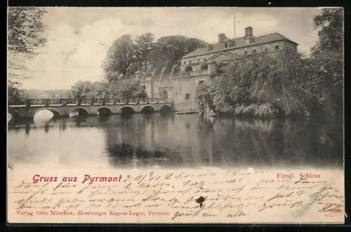 AK Pyrmont, Fürstliches Schloss mit Wasserpartie und Brücke
