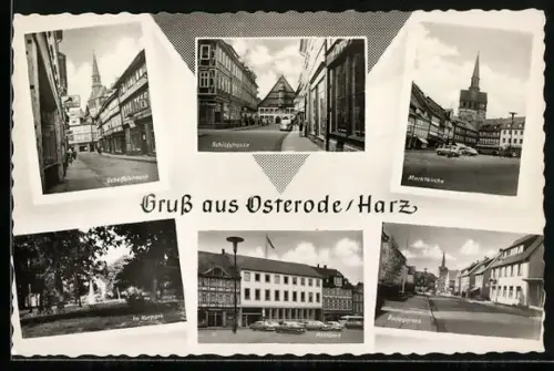 AK Osterode /Harz, Scheffelstrasse, Schildstrasse, Marktkirche, Kurpark, Postamt