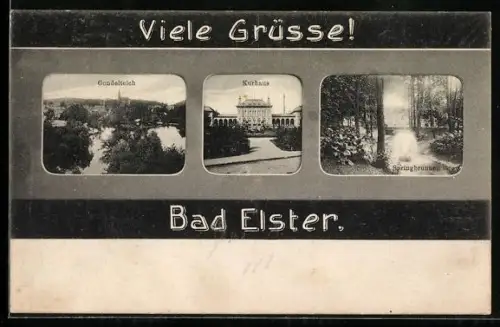 AK Bad Elster, Gondelteich, Kurhaus, Springbrunnen