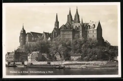 AK Meissen a. d. Elbe, Albrechtsburg und Dom mit Uferpartie