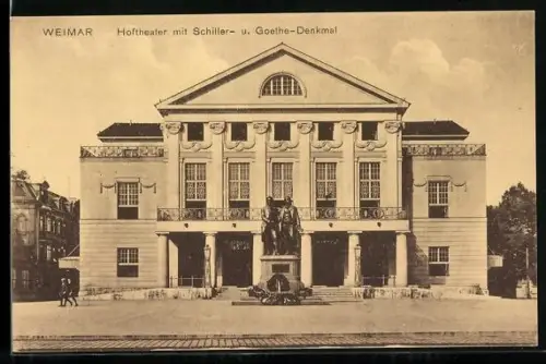 AK Weimar / Thüringen, Hoftheater mit Schiller- u. Goethe-Denkmal