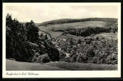 AK Bergfreiheit b. Bad Wildungen, Ortsansicht, umgeben von Wald und Feldern