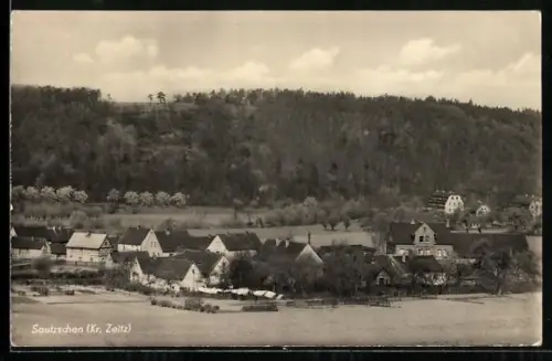 AK Sautzschen /Zeitz, Ortsansicht mit Wohnhäusern und bewaldetem Hang