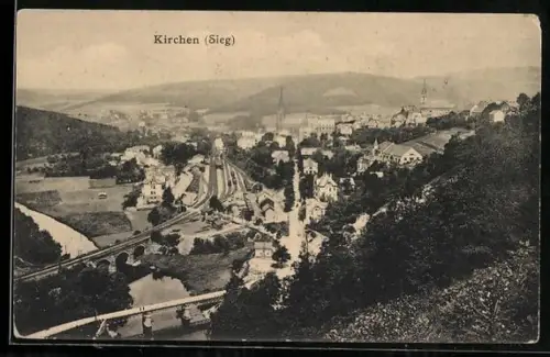 AK Kirchen /Sieg, Gesamtansicht des Ortes mit Bahnstrecke und Fluss