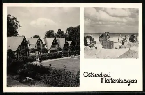 AK Boltenhagen, Strand mit Strandkörben und Häuseransicht