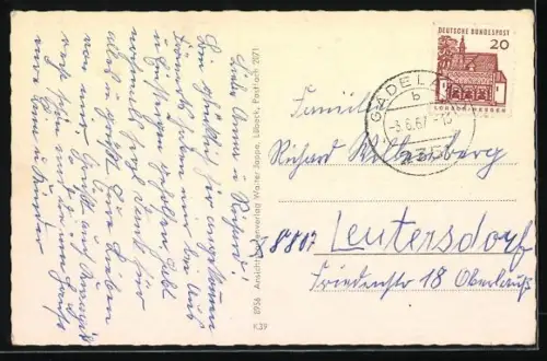 AK Gadeland /Holstein, Gemeindehaus, Ehrenmal, Kirche, Ortsansicht