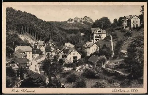 AK Rathen a. d. Elbe, Ortsansicht mit Felsen und Häusern