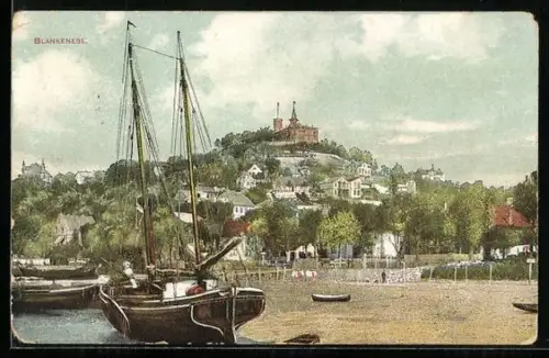 AK Hamburg-Blankenese, Blick auf den Elbhang und Segelboote am Strand