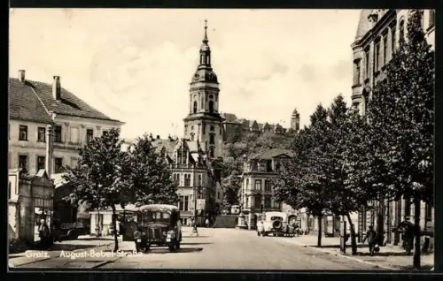 AK Greiz, August-Bebel-Strasse, Stadtkirche, Schloss