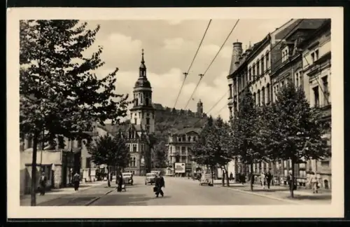 AK Greiz, August-Bebel-Strasse, Stadtkirche, oberes Schloss