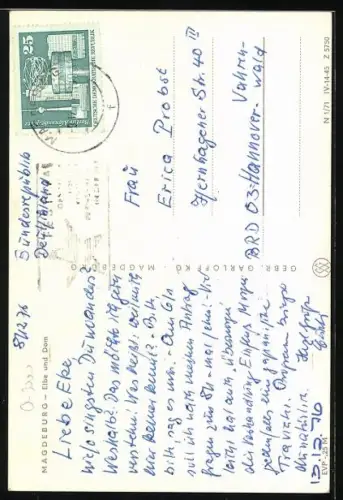 AK Magdeburg, Blick über die Elbe auf den Dom im Winter, Kinder auf Skiern