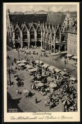 AK Braunschweig, Altstadtmarkt mit Rathaus und Brunnen