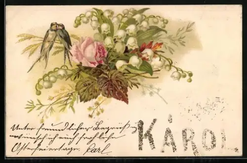 AK Schwalbenpaar neben Maiglöckchenstrauss