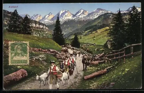 AK Schweiz, Bauern mit Ziegen und Kühen bei der Alpfahrt