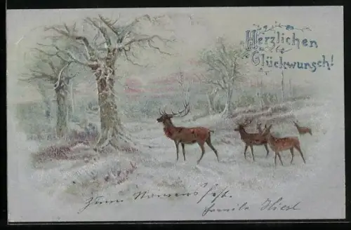 Präge-AK Hirsche in Winterlandschaft