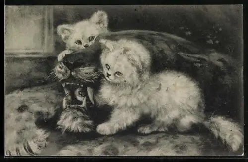 AK Zwei Kätzchen am Kopf eines Tigerfells