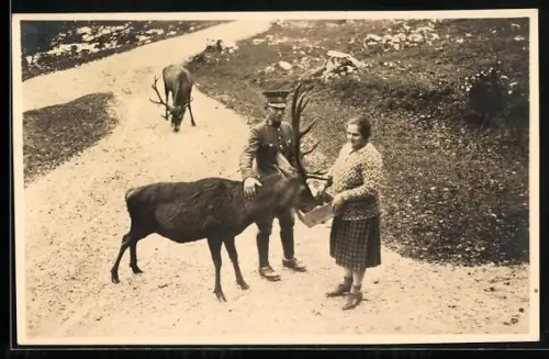 Foto-AK Blümbachtal, Soldat und Zivilistin bei der Hirschfütterung im Winter, 1931