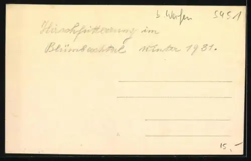 Foto-AK Blümbachtal, Soldat und Zivilistin bei der Hirschfütterung im Winter, 1931