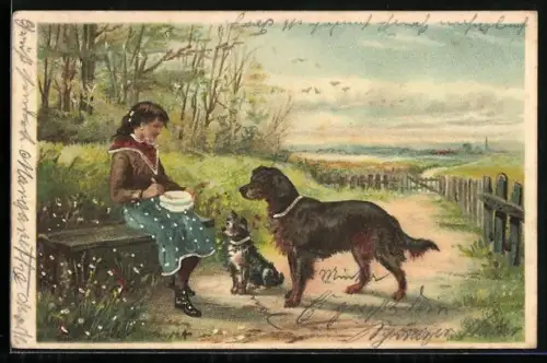 AK Mädchen mit Futterschüssel und zwei erwartungsvolle Hunde