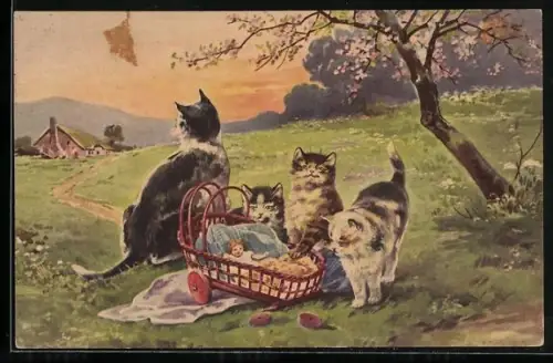 Künstler-AK Katzen bei einem kaputten Puppenwagen