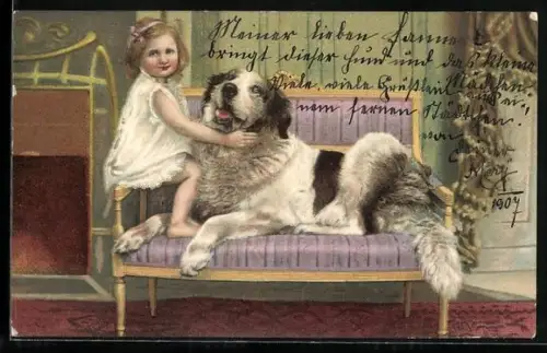 AK Kleines Mädchen mit Bernhardiner auf einer Sitzbank