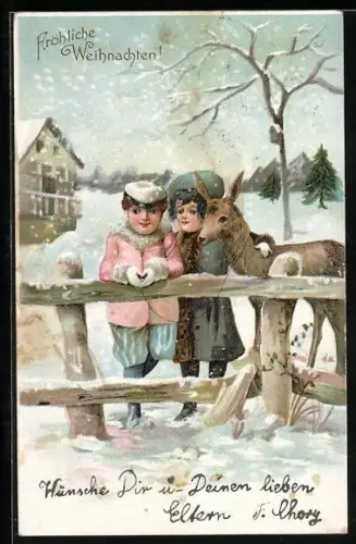 AK Kleines Paar mit Reh im Winter, Weihnachtsgruss