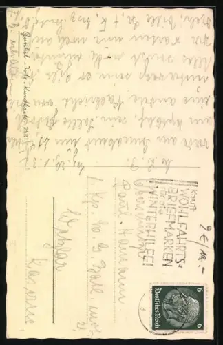 AK Täglich warte ich auf Nachricht, Hund sitzt aufmerksam auf einem Postbriefkasten