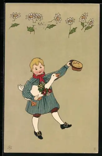 AK Kleiner Bauer mit geschmückter Gans im Arm