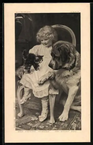 AK Kleines Mädchen mit Bernhardiner und fauchendem Kätzchen