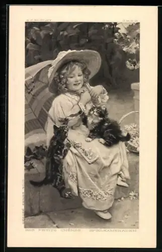 AK Kleines Mädchen mit zwei kleinen Katzen im Garten