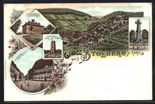 Lithographie Stolberg / Harz, Jagdschloss Eichenforst, Aussichtsturm Josephshöhe, Marktplatz mit Rathaus