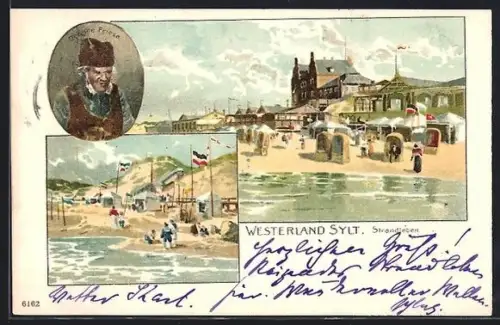 Künstler-AK Westerland /Sylt, Verschiedene Darstellungen des Strandlebens und Der alte Friese