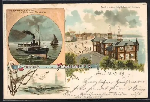 Lithographie Flensburg, Dampfer Ernst Günther, Pavillon mit der Schiffsbrücke