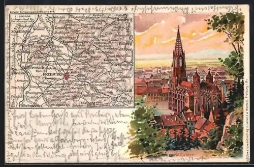 Lithographie Freiburg i. Br., Münster im Abendlicht, Landkarte der Region um die Stadt