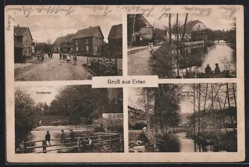 AK Exten, Dorfmotiv, Partie an der Exter, Strassenpartie