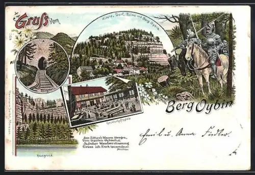 Lithographie Oybin, Gesellschaftsplatz, Burgthor, Kirche, Dorf, Ruine & Berg Oybin