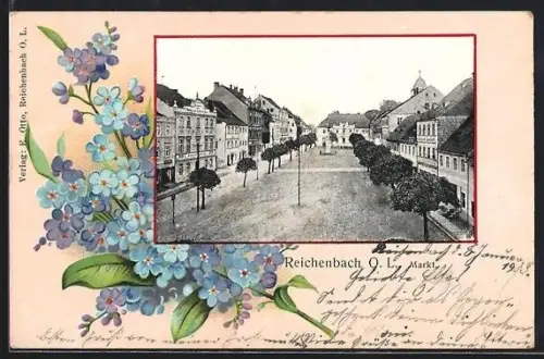 AK Reichenbach /O. L., Marktpartie mit Grünanlagen, Passepartout mit Vergissmeinnicht