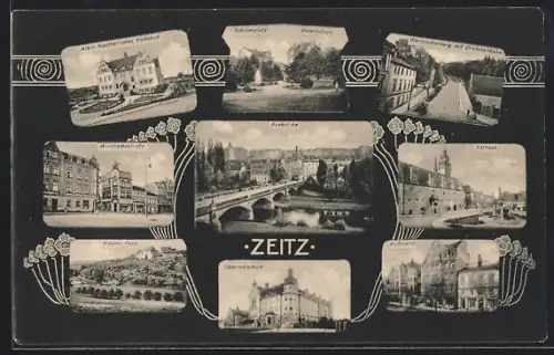 AK Zeitz, Schillerplatz, Albin Naether`sches Volksbad, Kloster Posa, Rossmarkt, Auebrücke
