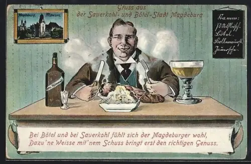 Künstler-AK Magdeburg, Mann beim Essen von Sauerkohl und Bötel