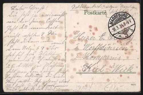 Künstler-AK Magdeburg, Mann beim Essen von Sauerkohl und Bötel