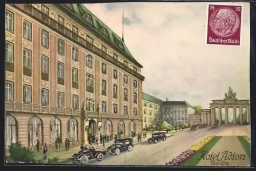 Künstler-AK Berlin, Hotel Adlon, Unter den Linden 1, mit Brandenburger Tor