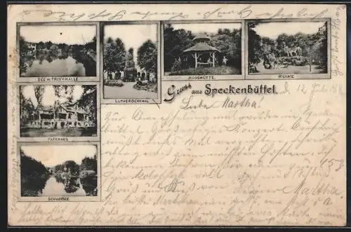 AK Speckenbüttel, Lutherdenkmal, Mooshütte, Ruine, Schwansee, Parkhaus